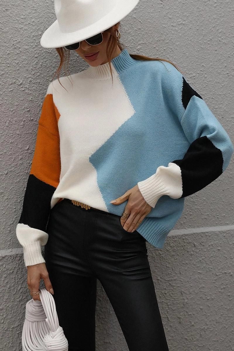Bonded Hemline Curved Hem TURTLE NECK COLOR BLOCK CASUAL SWEATER TOP