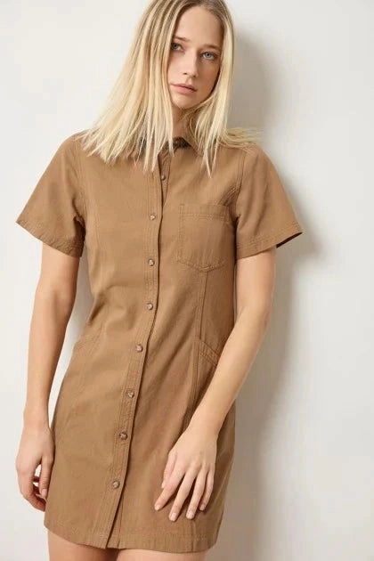 High-Low-Hem Evening Tone Twill Paneled Shirt Dress Pecan
