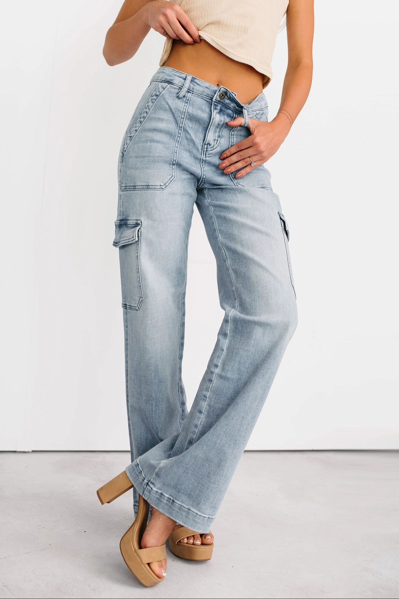 Callum Wide Leg Cargo Mica Denim Jeans (Light) Relaxed Fit Simple Comfort