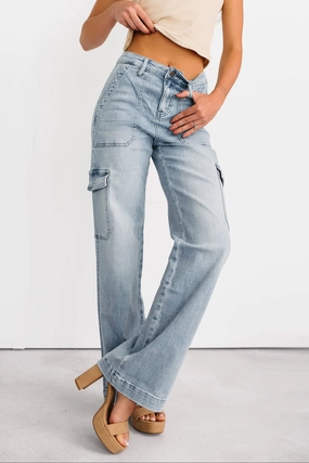 Callum Wide Leg Cargo Mica Denim Jeans (Light) Relaxed Fit Simple Comfort