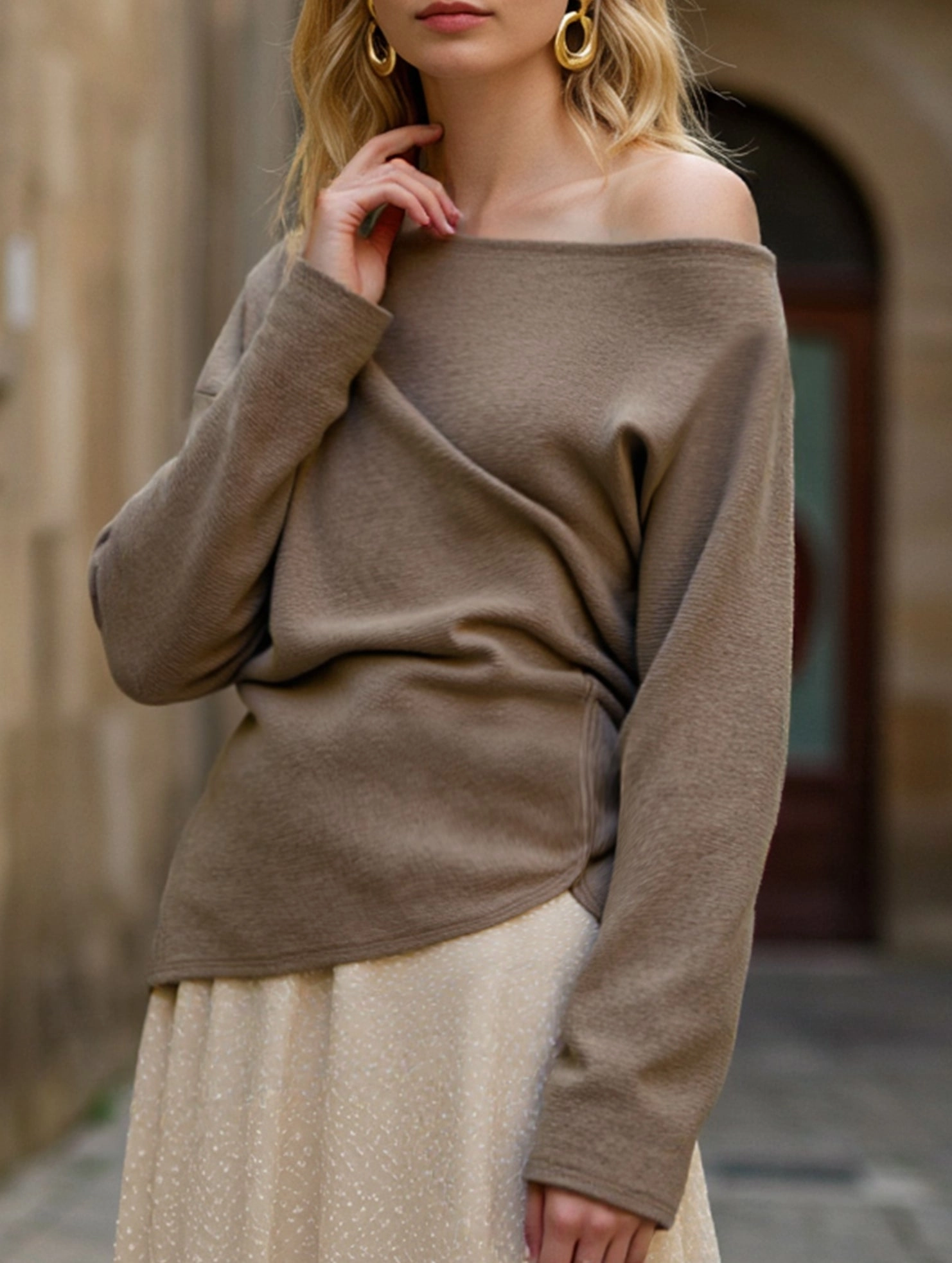 Solid color knit slant shoulder all-in-one casual top VentilatedMesh High Collar Design