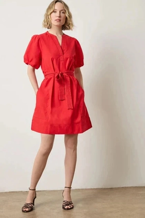 DurableStitching Shirred Sleeve Split Neck Dress Scarlet