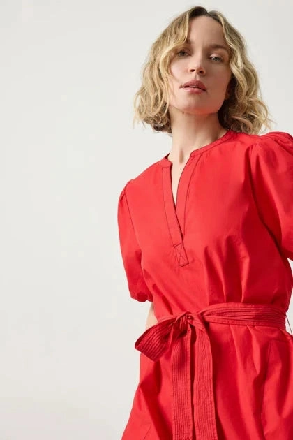Shirred Sleeve Split Neck Dress Scarlet Flattering Lines