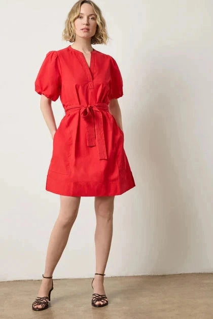 DurableStitching Shirred Sleeve Split Neck Dress Scarlet