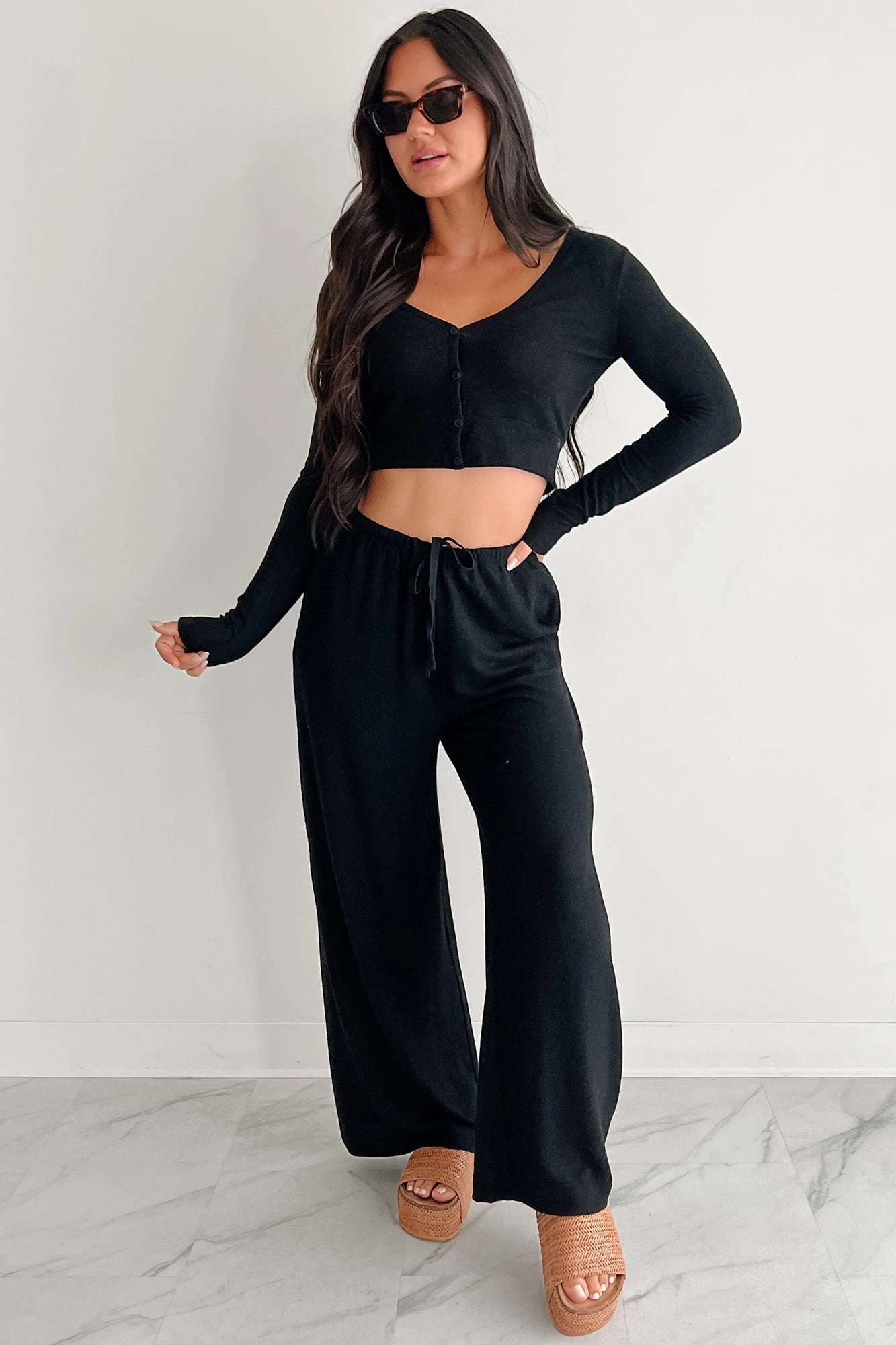 Chasing Calm Relaxed Wide Leg Pants (Black) Bootcut shape