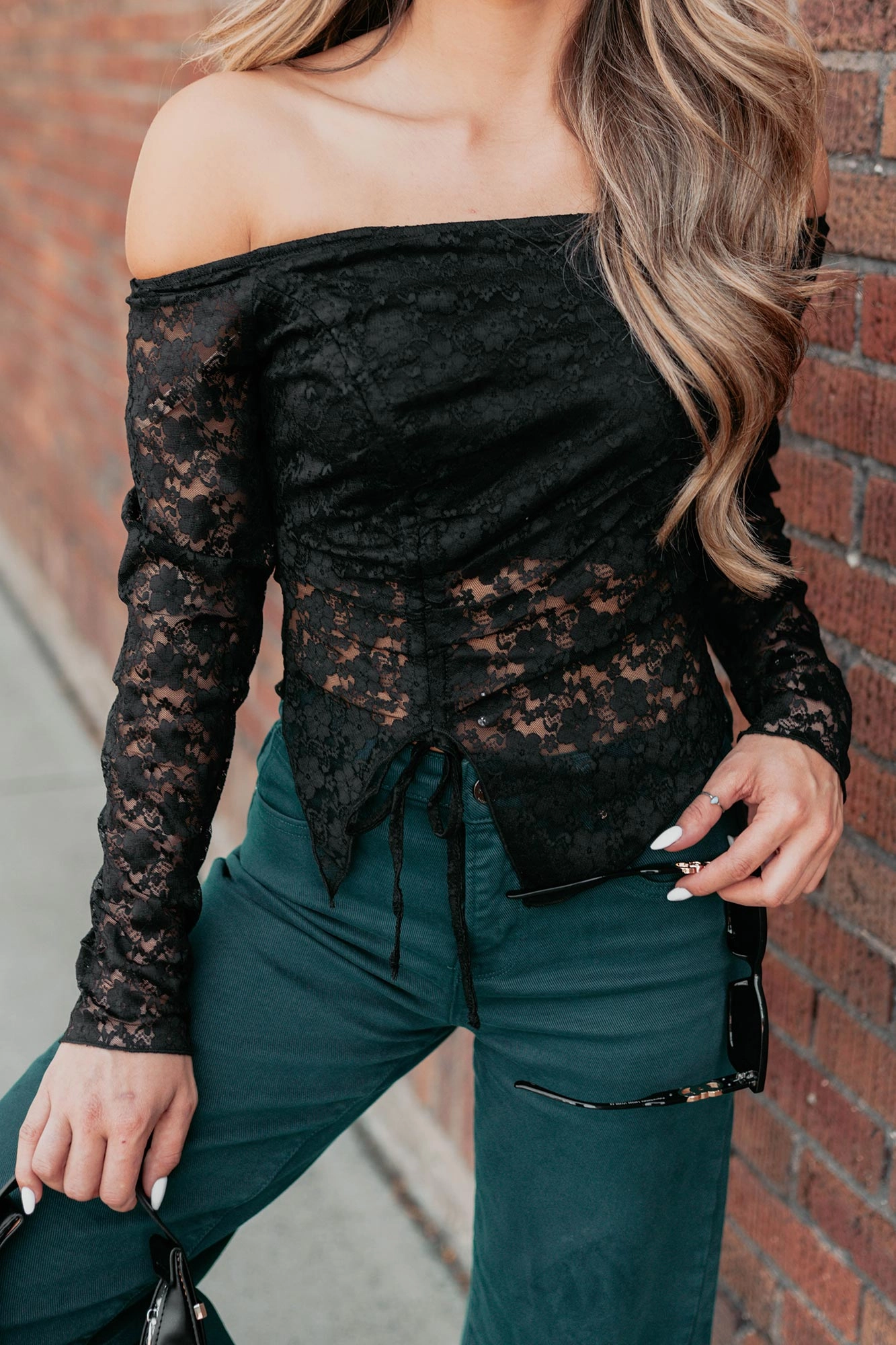 Up To Standard Ruched Lace Asymmetric Top (Black) BoxyCrop