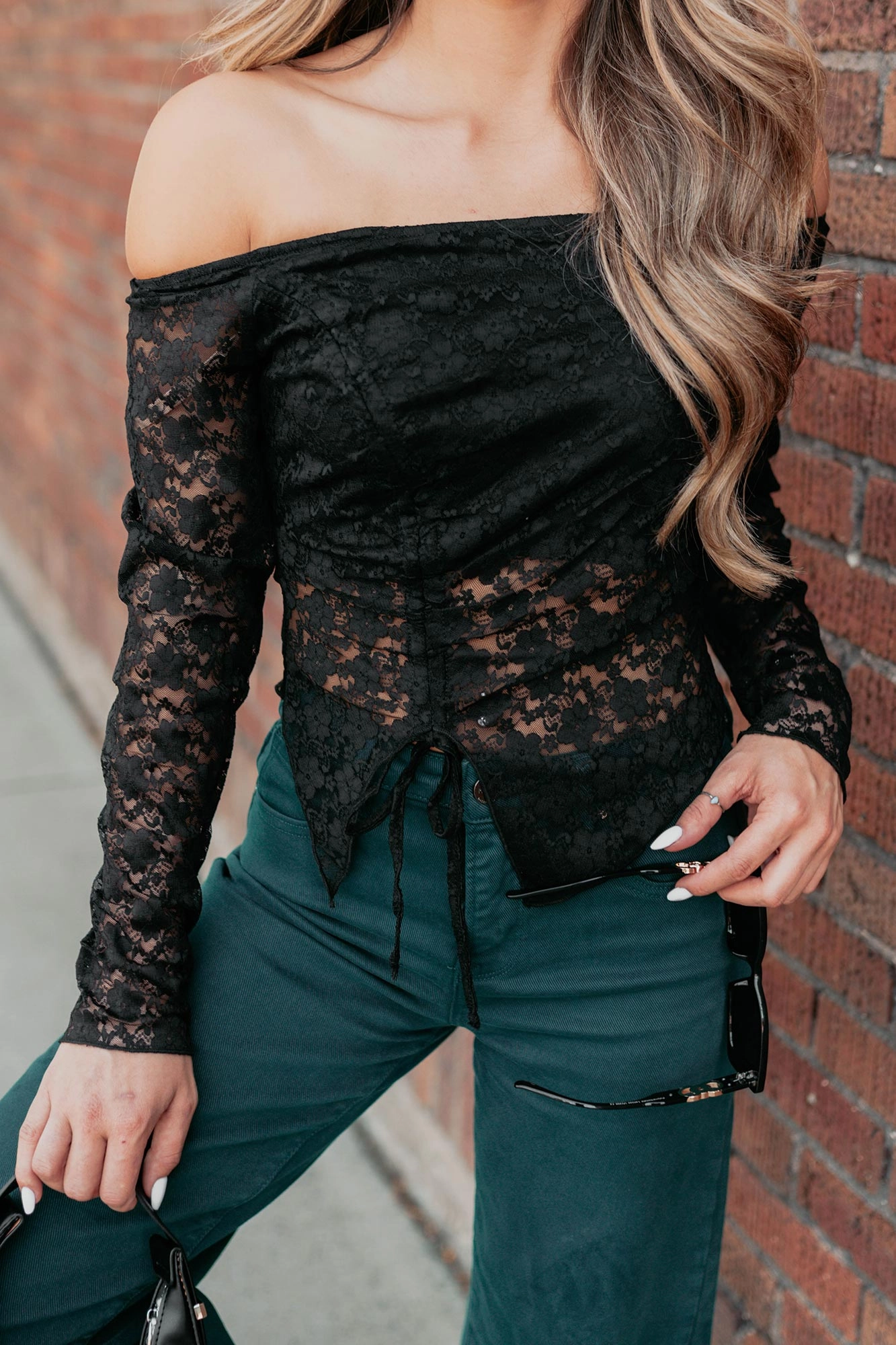 Up To Standard Ruched Lace Asymmetric Top (Black) Active Wear