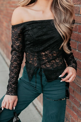 Up To Standard Ruched Lace Asymmetric Top (Black) Active Wear