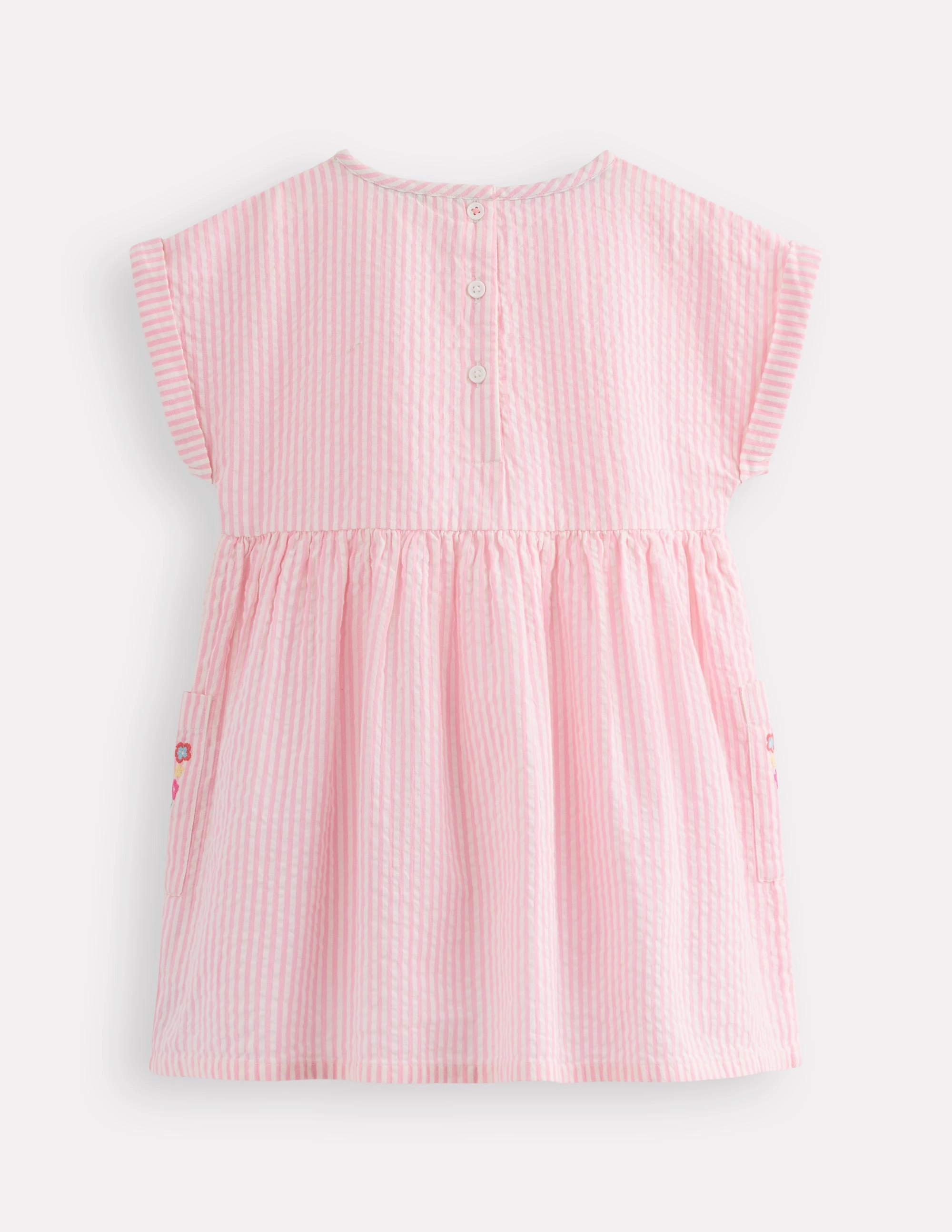 Short-sleeved woven tunic-Ticking Pink Embroidery NonRestrictive Durable Hem Stitching