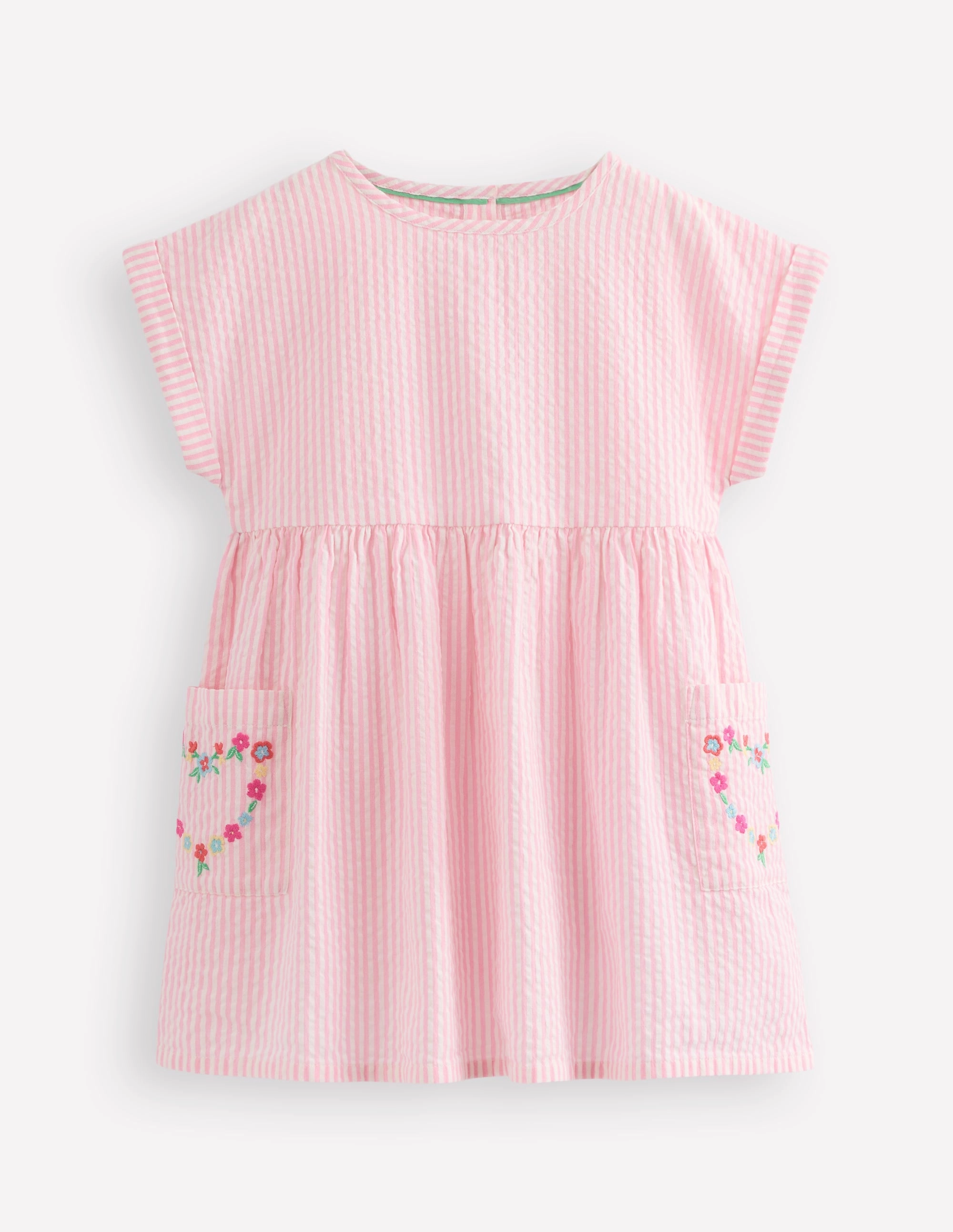 Short-sleeved woven tunic-Ticking Pink Embroidery Low Profile Seaming Reinforced Seam Technique