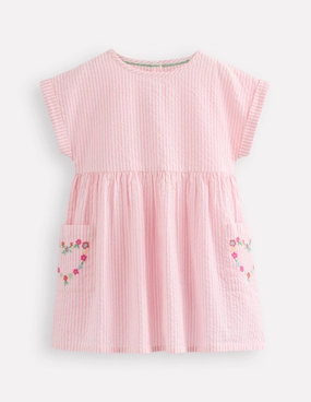 Short-sleeved woven tunic-Ticking Pink Embroidery Thermal Regulating Fabric
