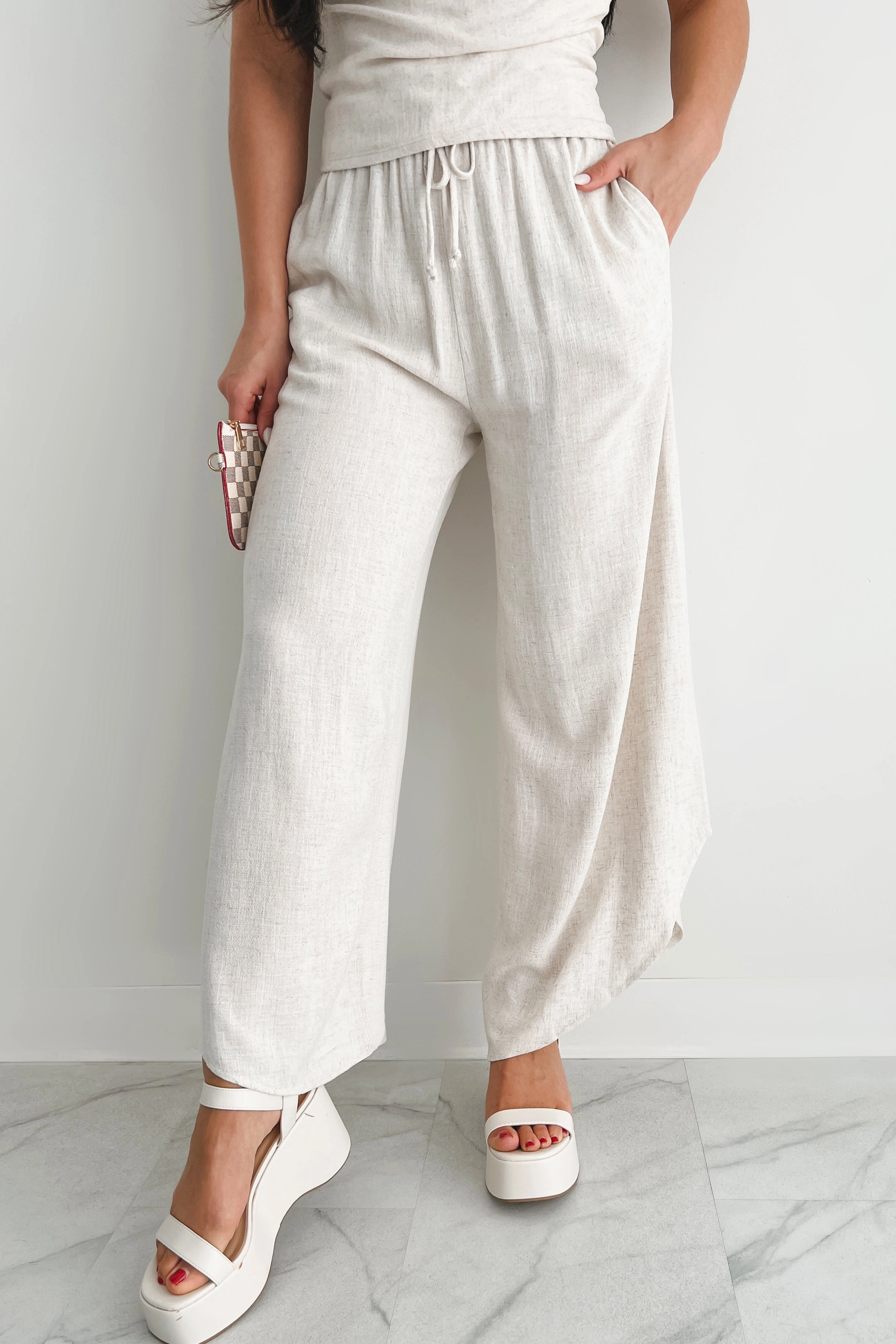 Breezy Hour High Rise Linen Pants (Oat) Thermal Regulating Fabric Button front