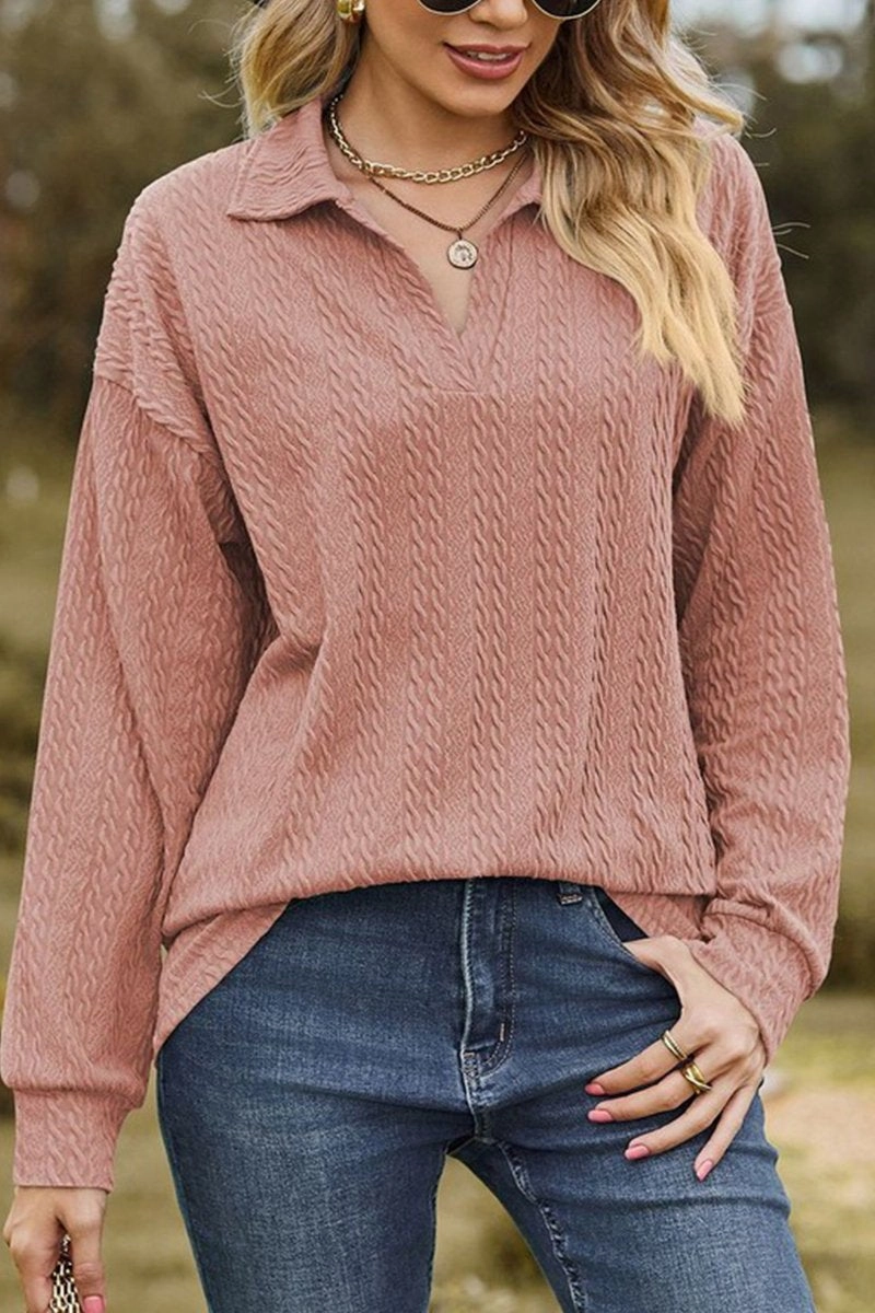 Reinforced Hem Stitching WOMEN TWIST CABLE STITCHED V NECK COLLAR T SHIRT