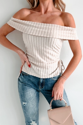 UltraSoft Blend Layered Hem Detailing I'm Still Deciding Off The Shoulder Drawstring Side Top (Cream)