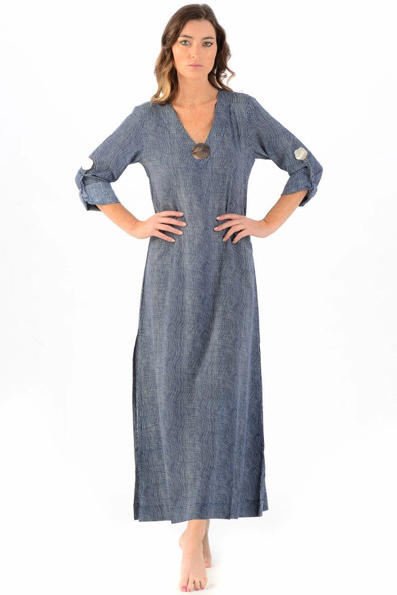 Vibrant Light Seychelles Dress-Kaftan Abalone Shell/ Deep Indigo