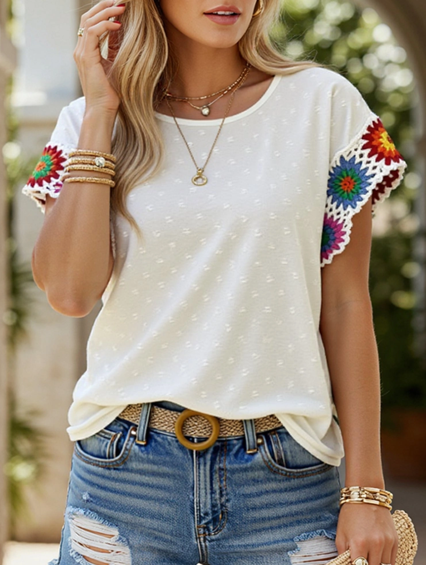 High Neckline Structure MoistureManagementSystem Embroidered Polka Dot Top ??Women's Casual Round Neck Short Sleeve Blouse