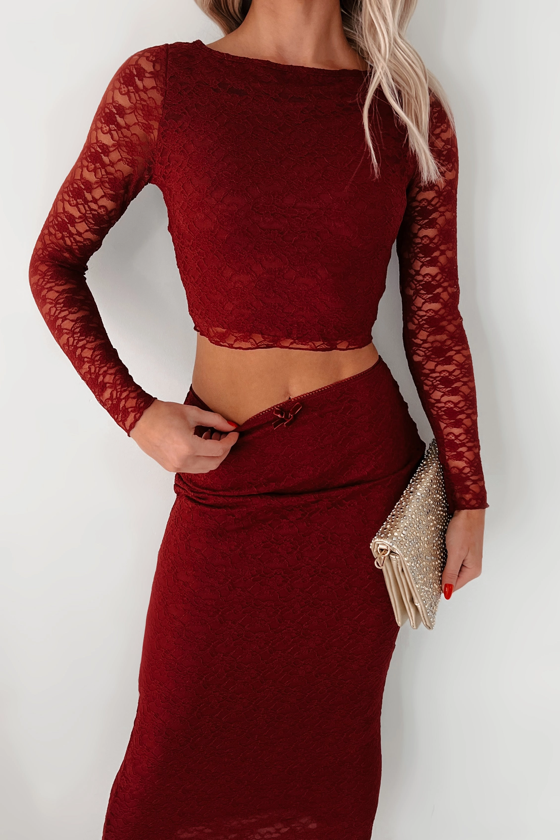 All-Purpose Wear Coy Cutie Lace Two-Piece Set (Burgundy)