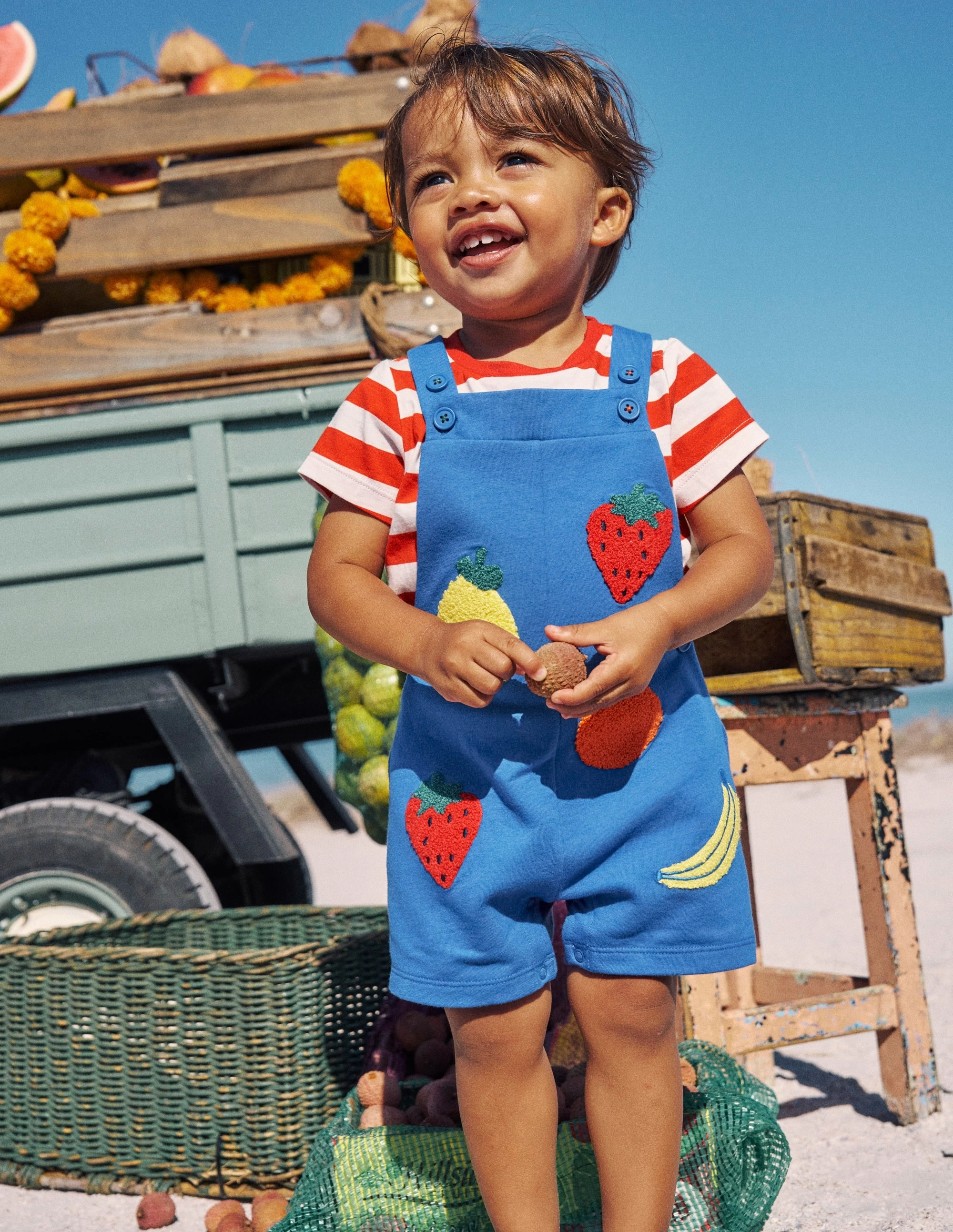 Boucle Jersey Dungaree Set-Navy Fruit Retro Model