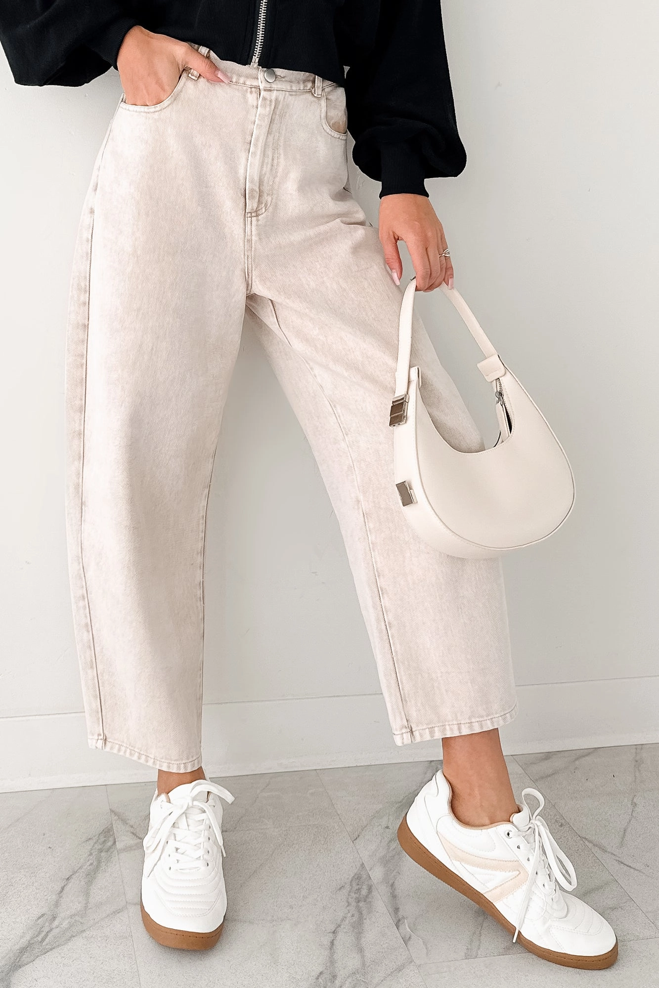 Calloway High Rise Barrel Jeans (Washed Ecru) Polished Look