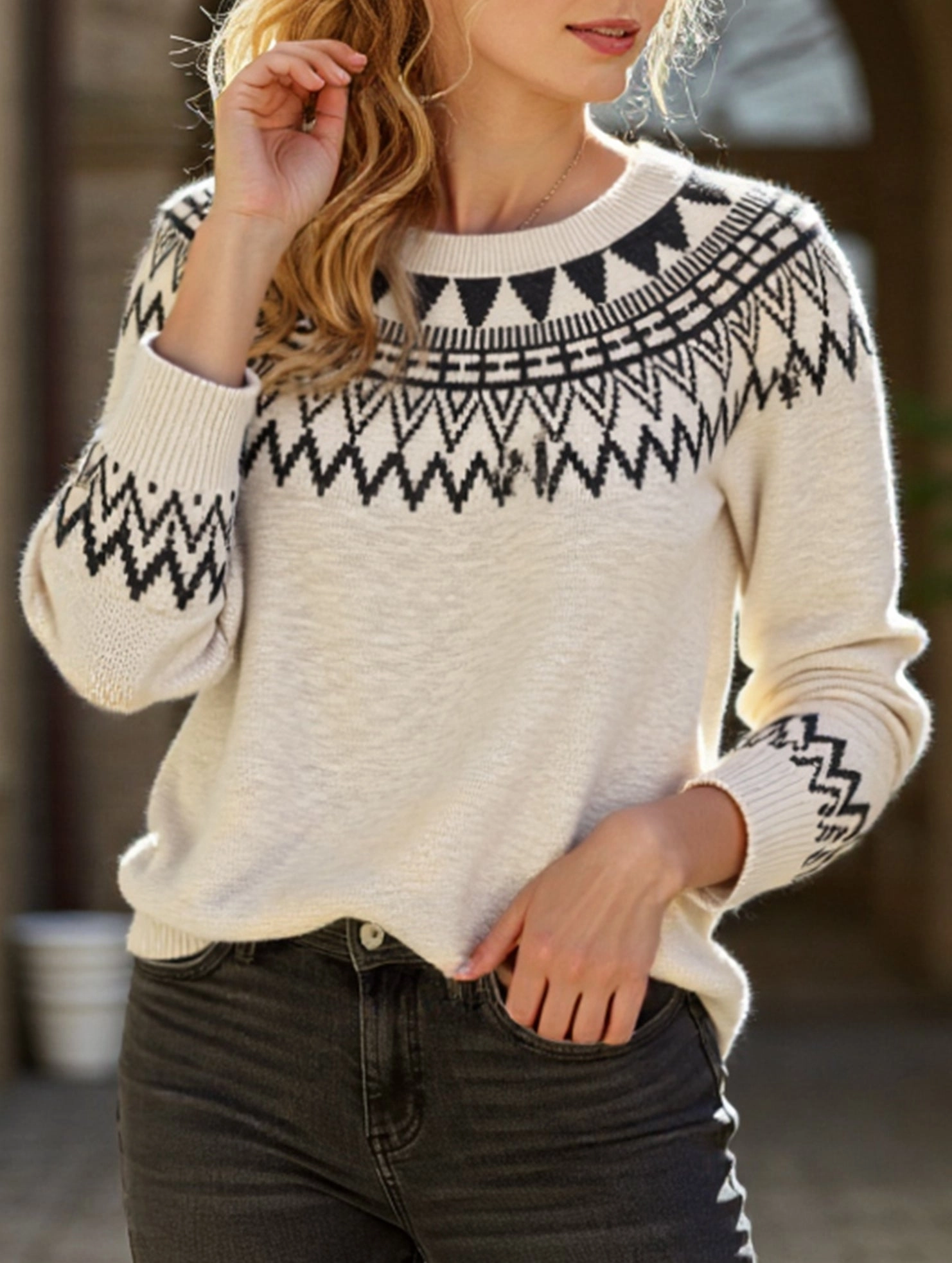 Ethnic style round neck pullover sweater RubberizedGrip Durable Fiber Blend