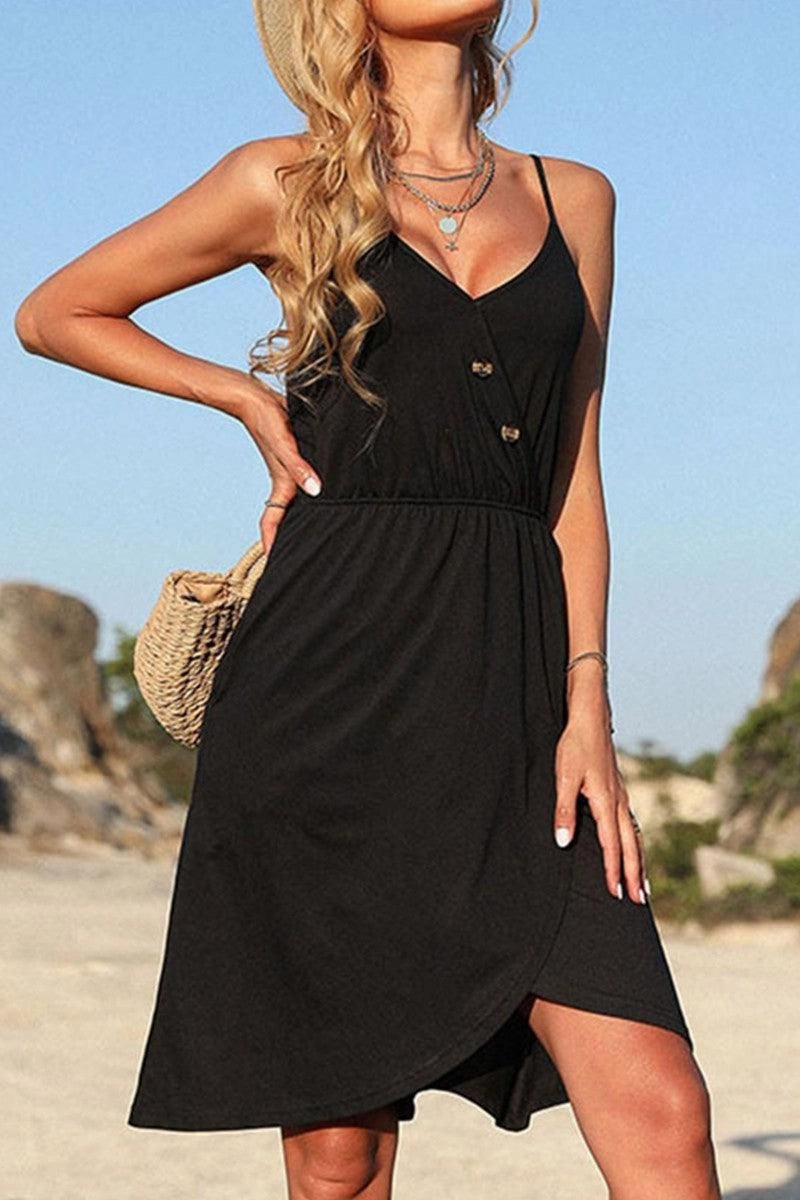 V NECK BUTTON TIGHTEN WAIST CAMISOLE DRESS Linen-Blend Classic Wardrobe Piece