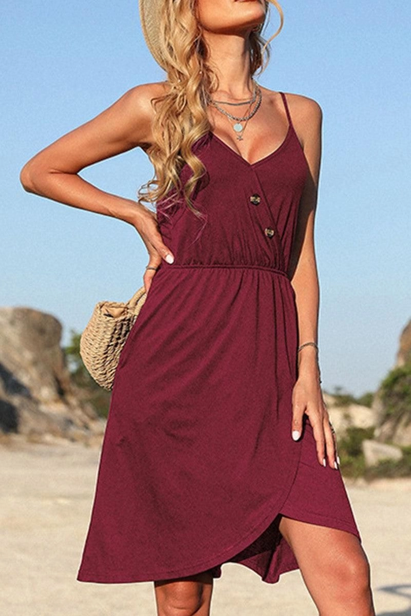 V NECK BUTTON TIGHTEN WAIST CAMISOLE DRESS Modern and Stylish