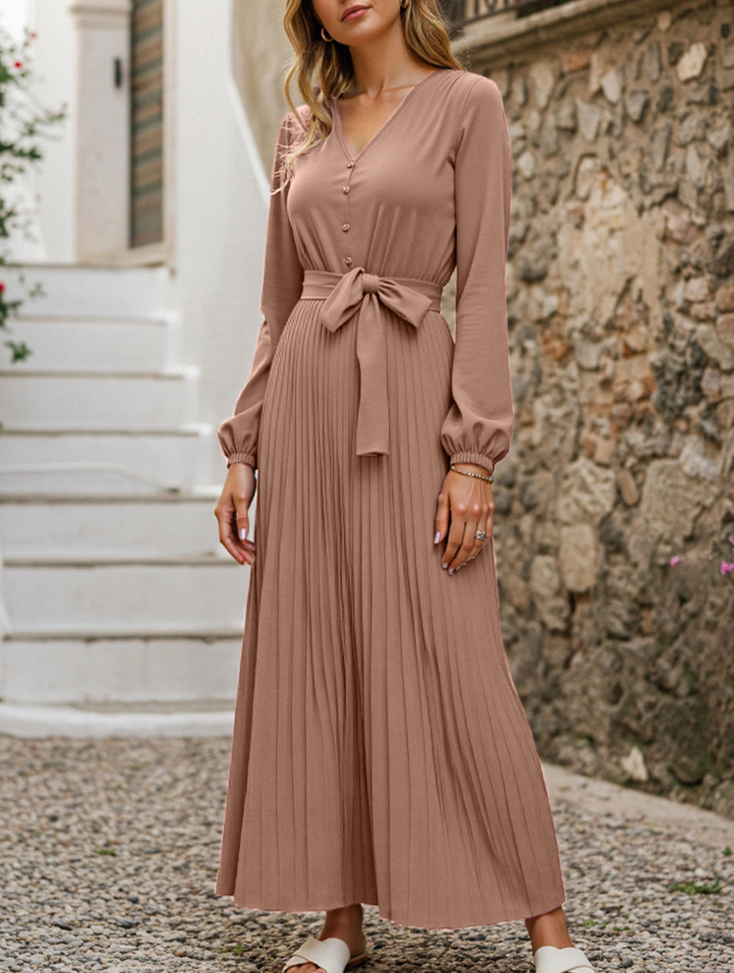 V-NECK BUTTON-UP LONG PLEATED DRESS Lounge Mood Nature Bloom