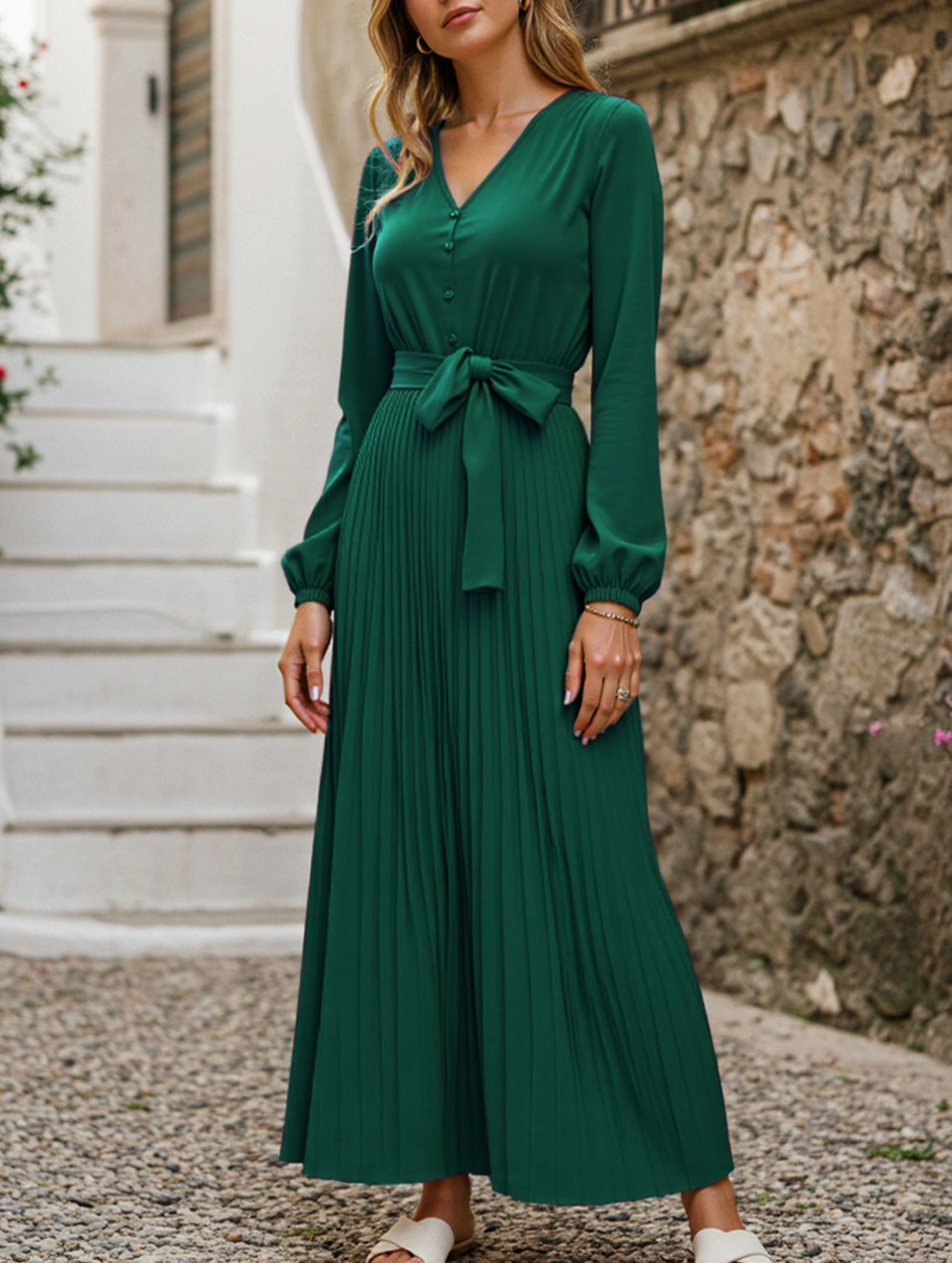Day Chic V-NECK BUTTON-UP LONG PLEATED DRESS