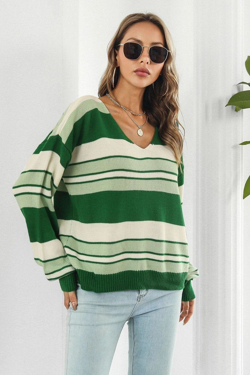 V NECK CASUAL STRIPE LONG SLEEVE SWEATER StainRepellentCoating elegant design