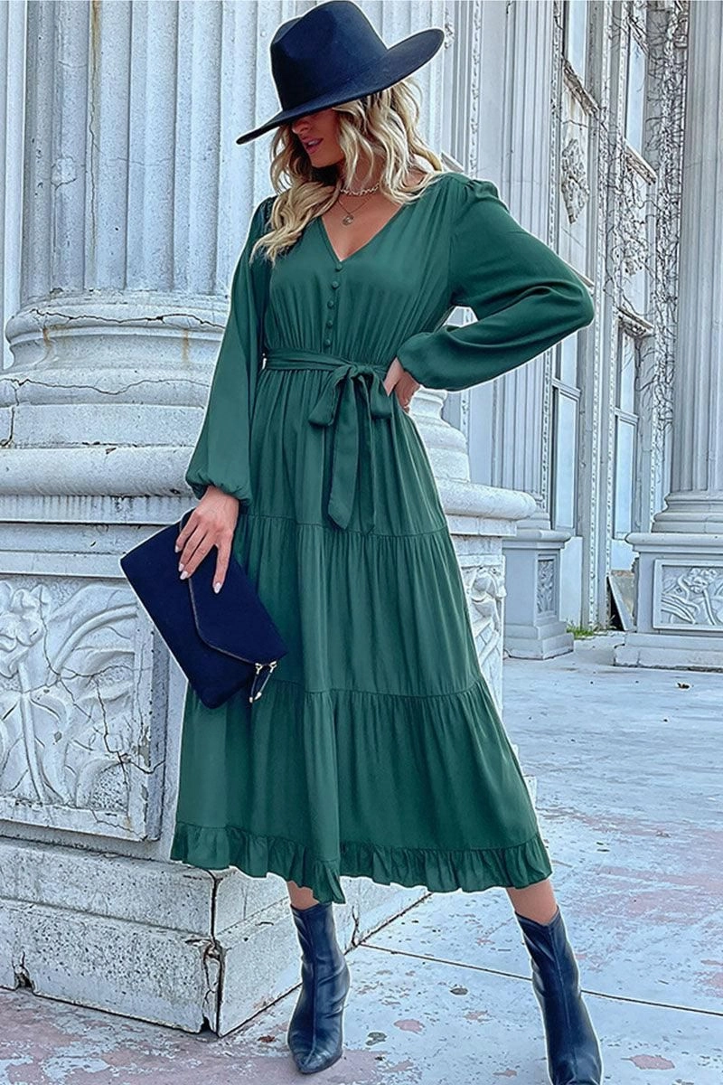 Work Fit Pure Look V NECK DRAWSTRING WAIST RUFFLED LONG DRESS