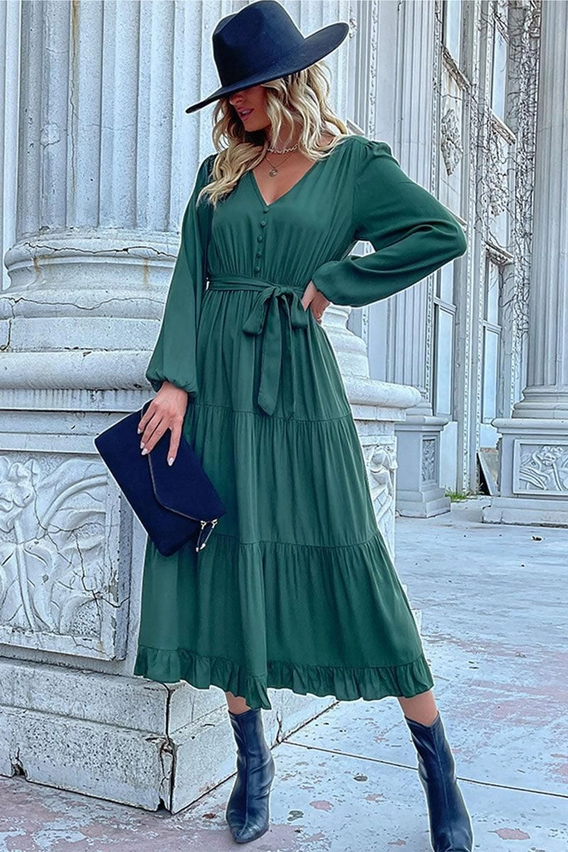 V NECK DRAWSTRING WAIST RUFFLED LONG DRESS Layering Comfort