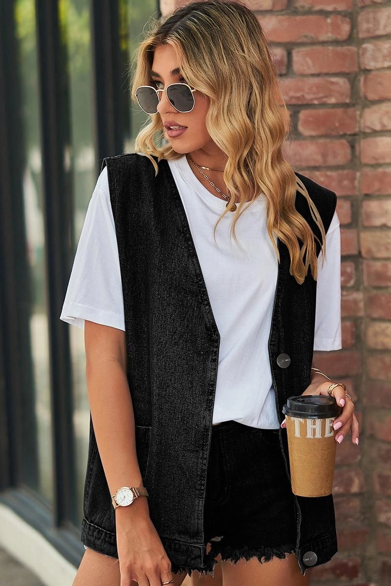 Midweight Texture Simple Dress V NECK FADED DENIM BUTTON UP POCKET VEST