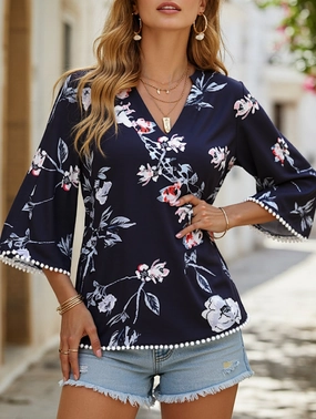V-Neck Five Quarter Sleeve Printed Baggy Top ??Relaxed & Stylish Lightweight Blouse