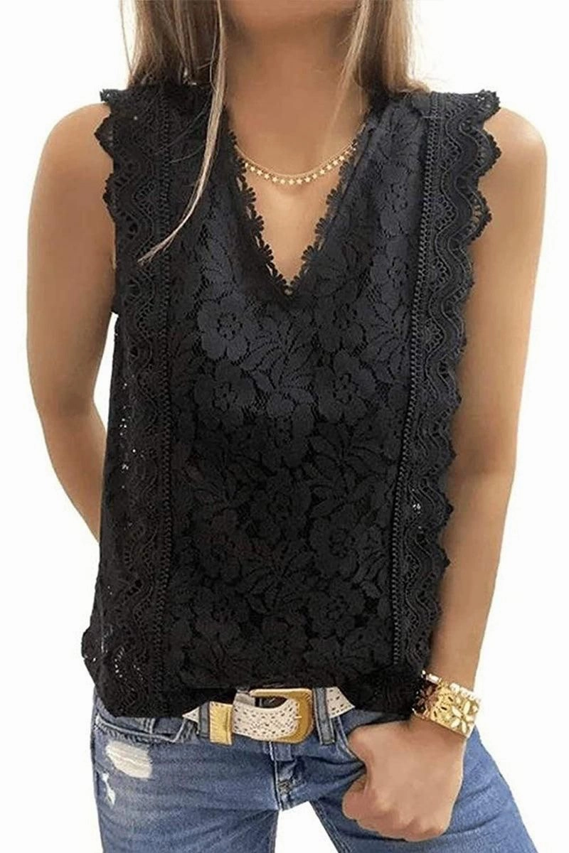 LayeredCollar PuckerFree Surface V NECK FLORAL LACE MESH SLEEVELESS TOP