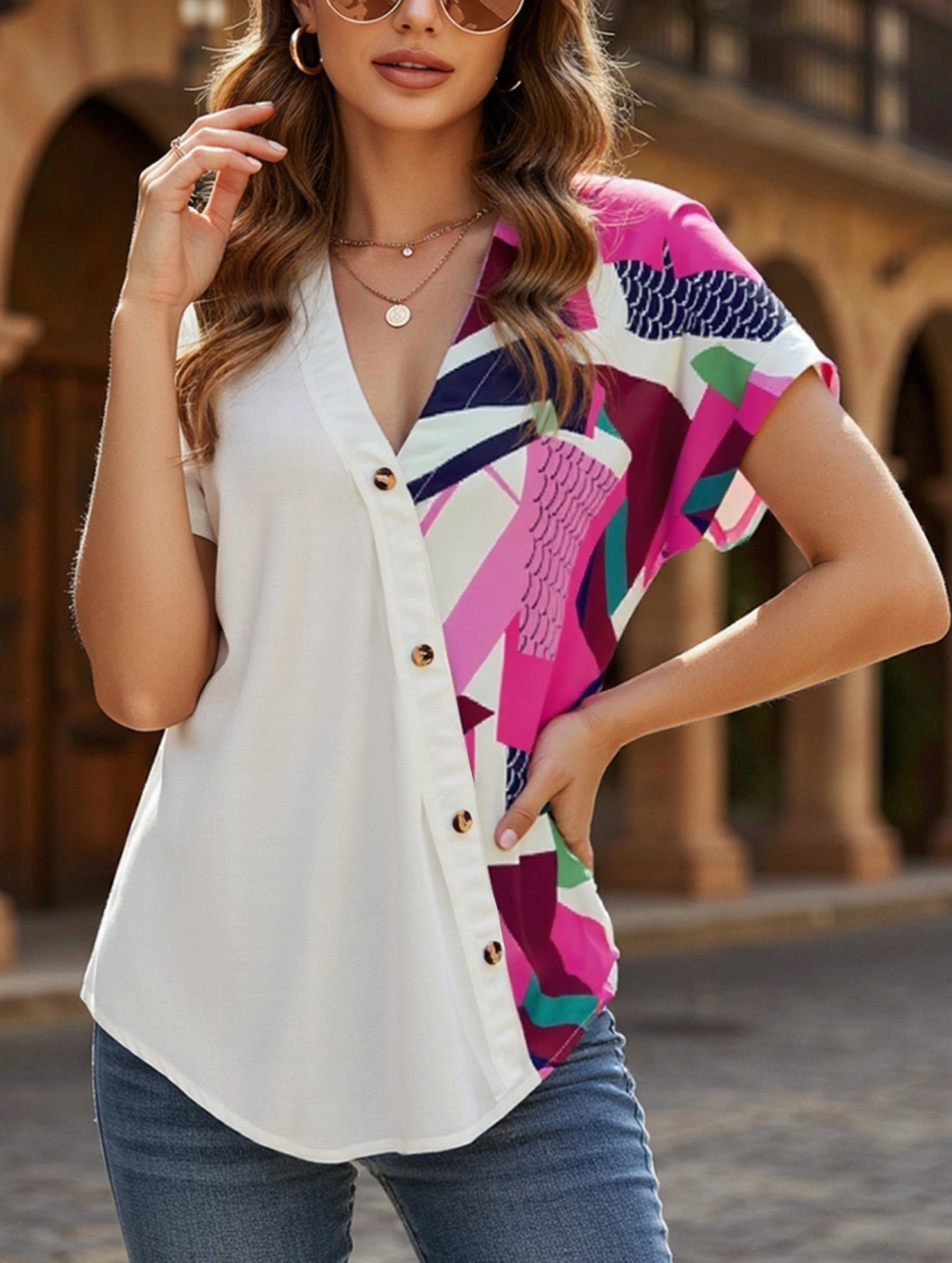 V-Neck Geometric Print Shoulder Loose Chiffon Top ??Lightweight & Breezy DualLayer Weave Non Chafing Edges