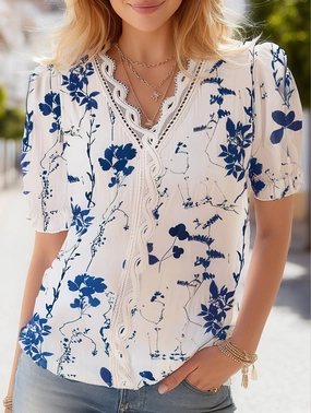 V-Neck Lace Patchwork Print Shirt ??Stylish & Versatile Women?s Top ReinforcedEdges LayeringFriendly Weight