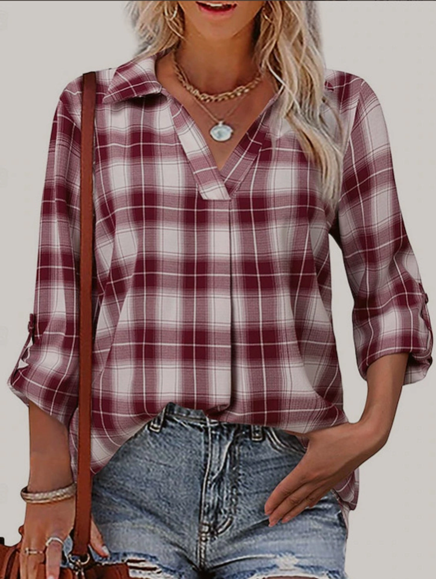 V-neck lapel loose-fitting women's plaid shirt Layered Collar System