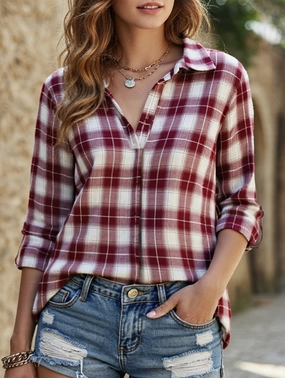 V-neck lapel loose-fitting women's plaid shirt Reinforced Shoulders