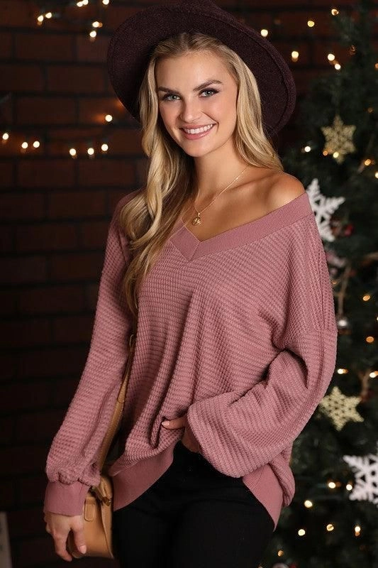 Casual dress V NECK LONG SLEEVE WAFFLE KNIT TOP