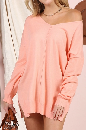 V NECK LOOSE FIT TUNIC LENGTH SOFT SWEATER TOP Flexible Waistband