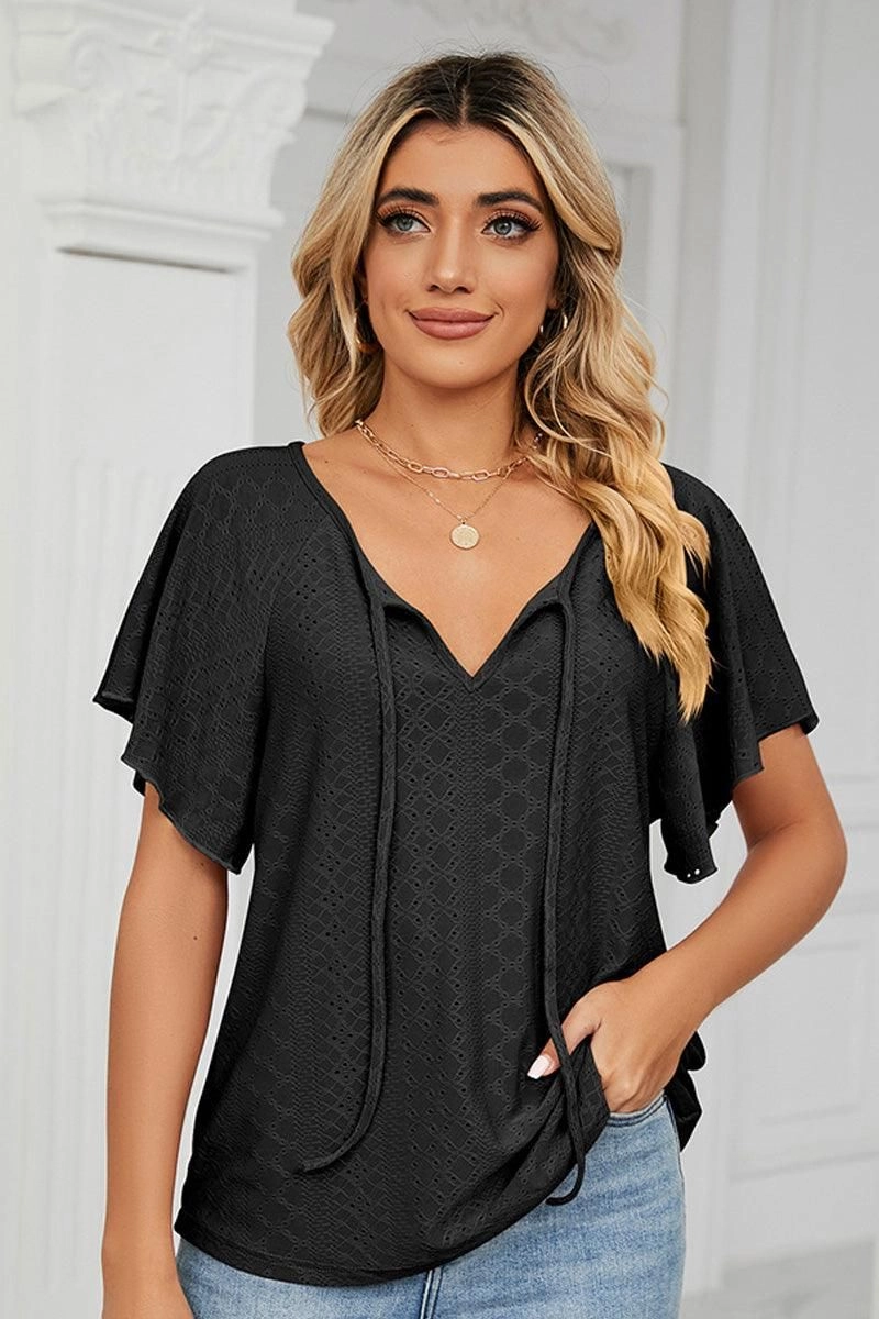 Bonded Seam Technique V NECK PUNCHING LACE UP RUFFLE LOOSE TOP