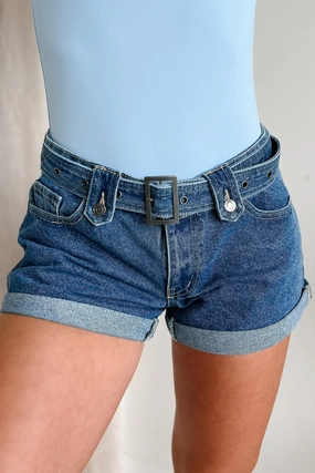 Valerie Low Rise Cuff Hem Cello Denim Shorts (Medium Denim) Cargo Pockets Outdoor Look