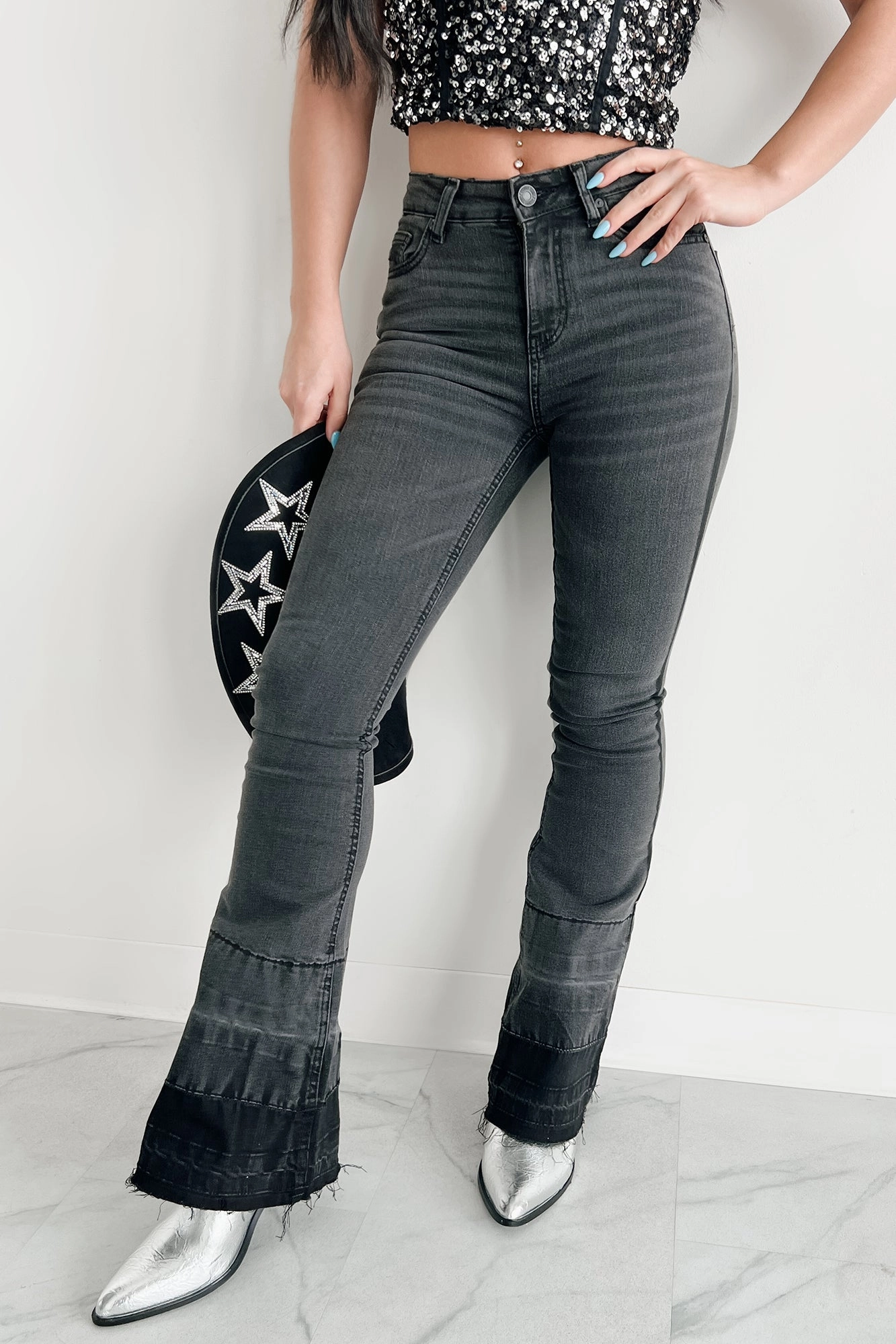 Valkyrie High Rise Flare Indigo Reign Jeans (Black) MachineWashable Smooth Fit Lining