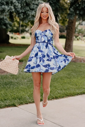 Trading Glances Strapless Tie-Dye Mini Dress (Blue) Dreamy Texture