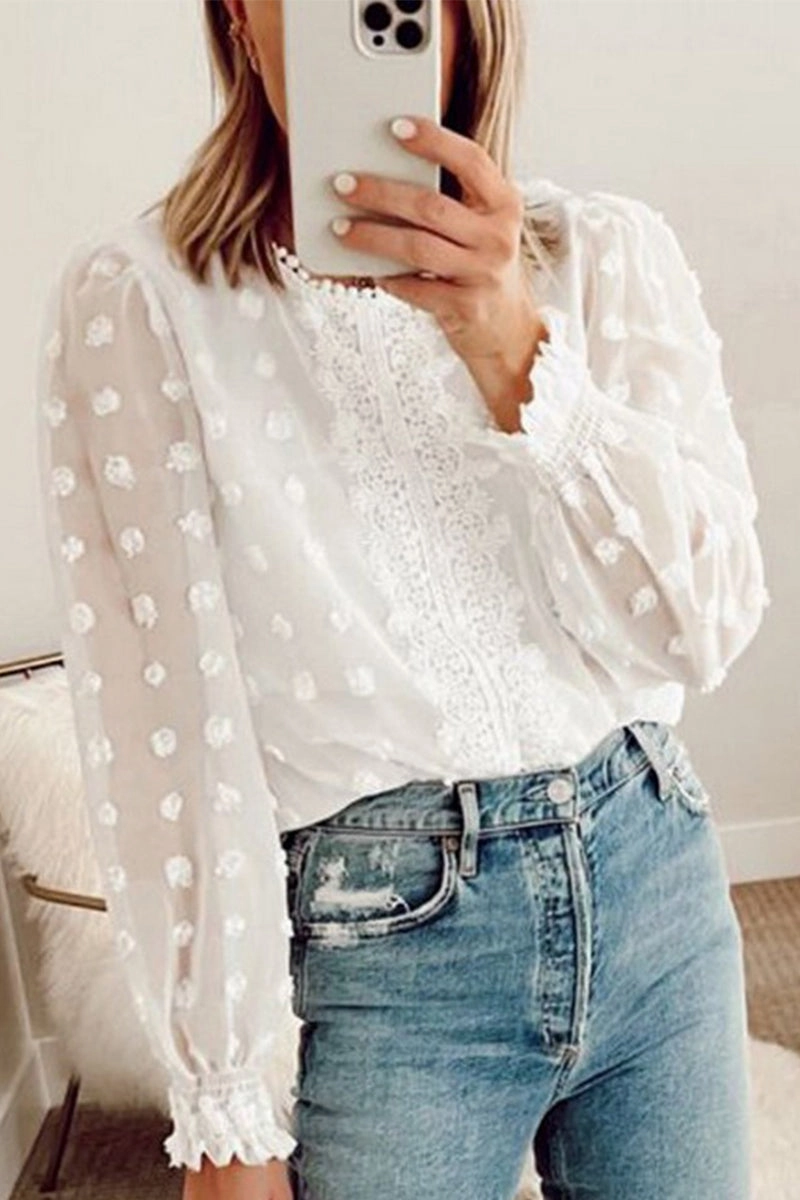 Fitted Design Regular Fit WOMEN LACE SWISS DOT RUFFLE CUFF BLOUSE