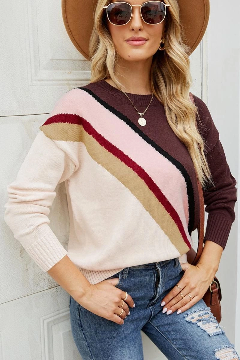 Professional Wear Flex Fit Shoulder Construction WOMEN COLOR STRIPED RIB SLEEVE PULLOVER