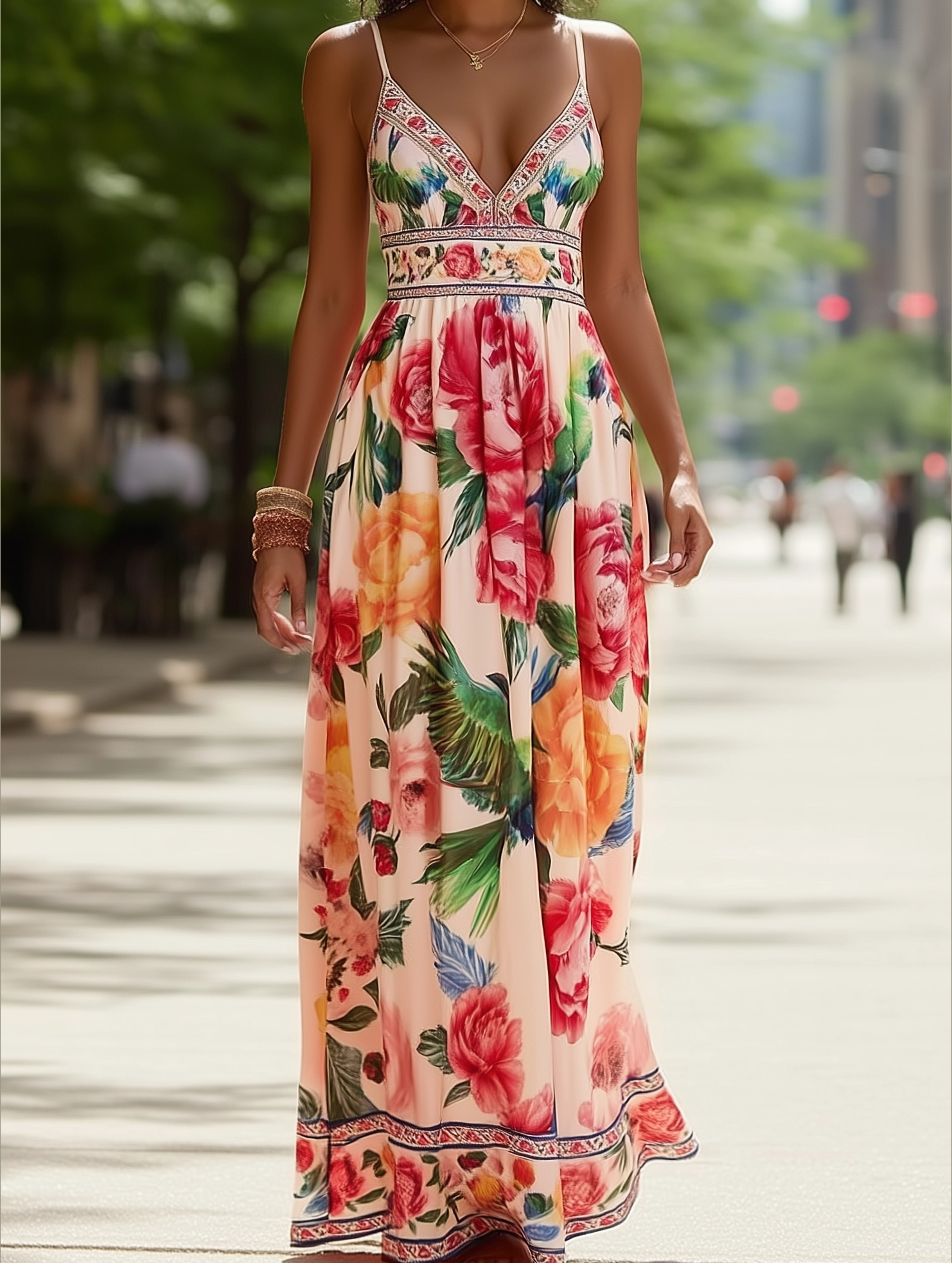 Feminine empire waist dress Verona Macaw & Peony Floral Print Resort Strappy Sundress ??Tropical Summer Flowy Dress