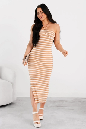 Low-Key Chill Striped Bodycon Maxi Dress (Taupe/White) Bold Statement