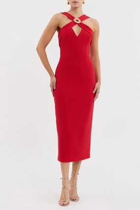 Cameron Asymmetrical Midi Red Layered Volume Work Fitwear