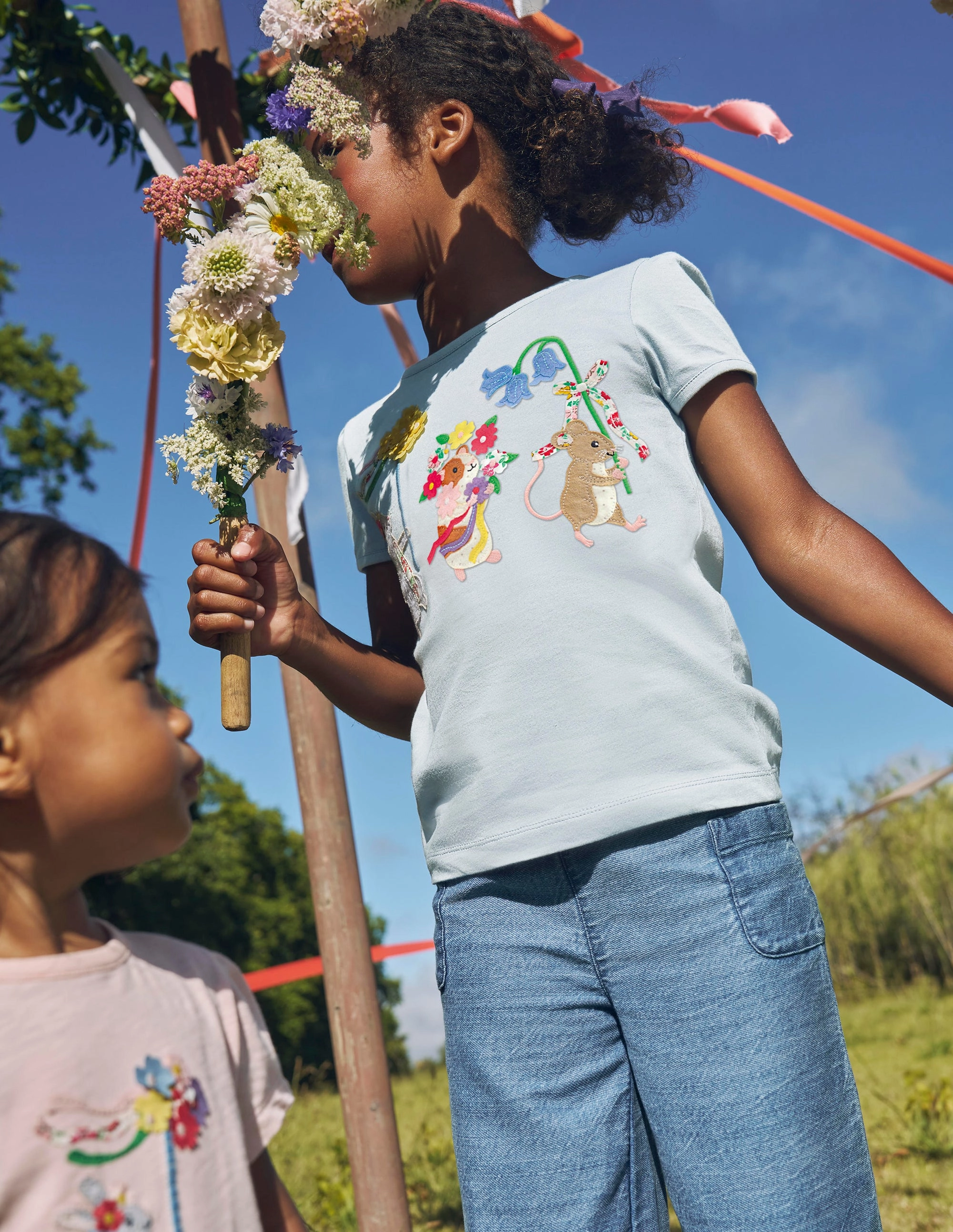 Raglan Sleeve Puff Sleeve Applique Top-Cloud Blue Animals
